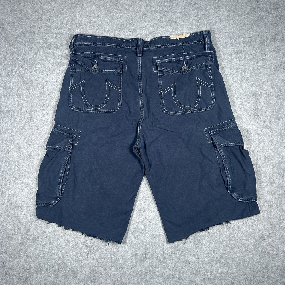 TRUE RELIGION Cut Off Cargo Shorts Men's Size 33 Blue Distressed‎ 13" Inseam